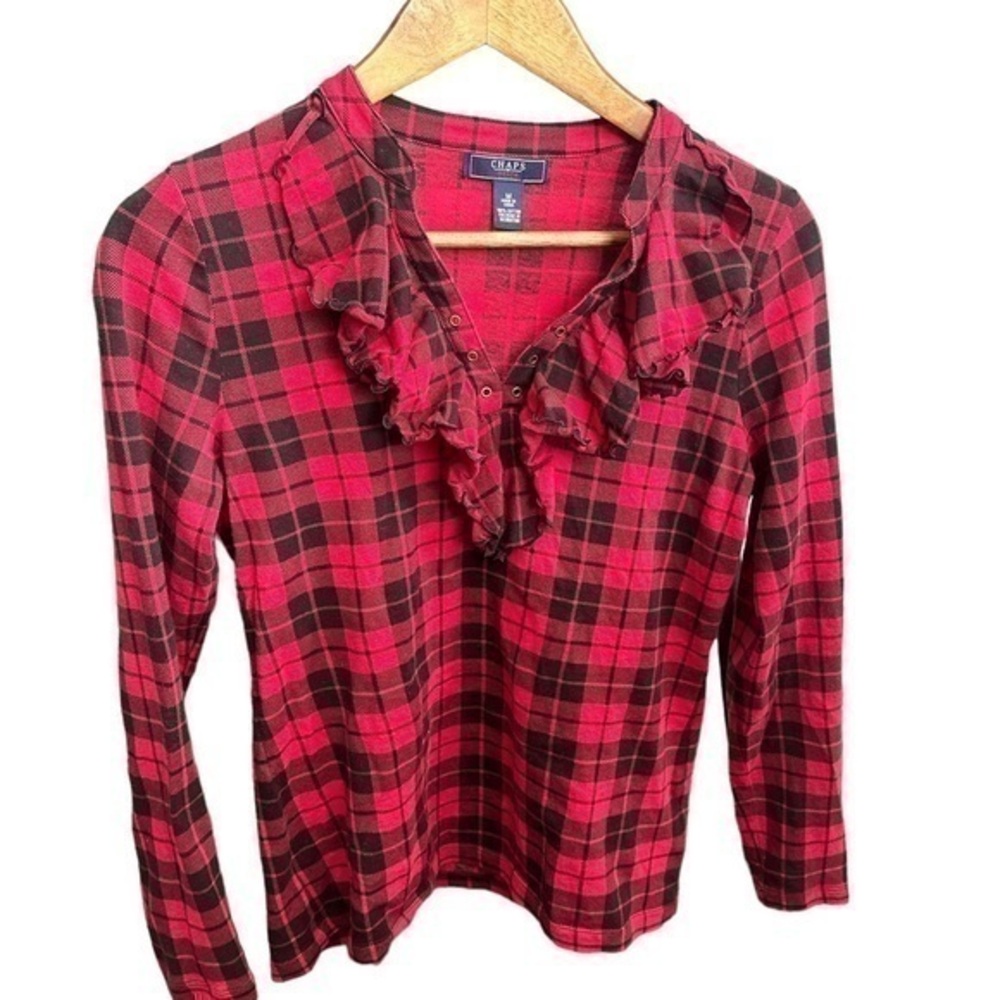 Chaps Long Sleeve Ruffle Top - Womens Size Medium - Black and Red Buffalo Plaid
